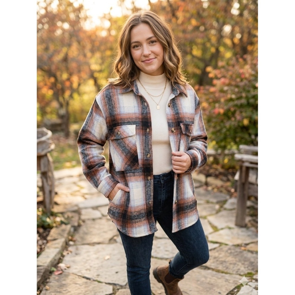 Dizzy Lizzy Los Angeles Plaid Shacket Large Brown Blue Wool Feel Flannel Shirt